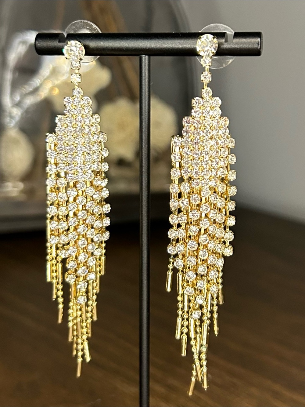 Alfani Gold Rhinestone Waterfall Fringe Chandelier Statement Earrings